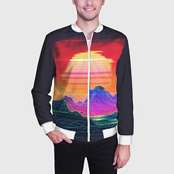 Бомбер мужской Синтвейв неоновые горы на закате, цвет: 3D-белый — фото 2