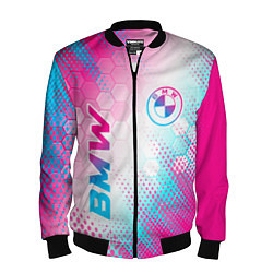 Бомбер мужской BMW neon gradient style: надпись, символ, цвет: 3D-черный