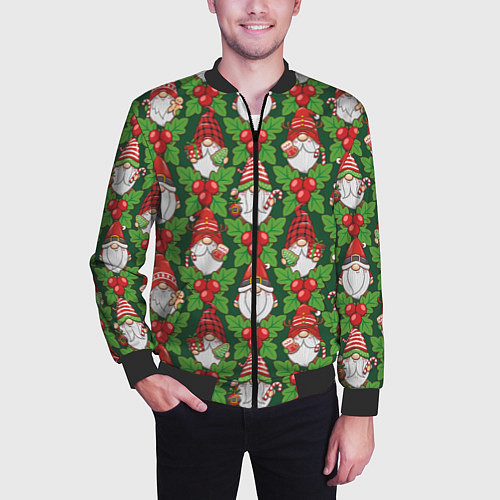 Мужской бомбер Новогодние гномы - паттерн / 3D-Черный – фото 3