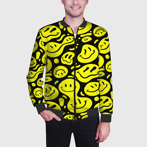 Мужской бомбер Кислотный желтый смайлик / 3D-Черный – фото 3