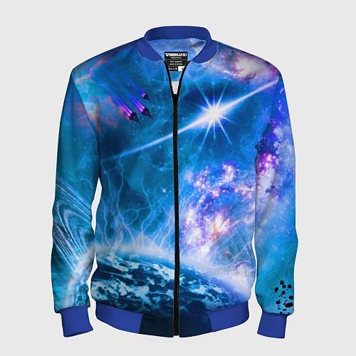 Мужской бомбер Космос - планета и яркая звезда / 3D-Синий – фото 1