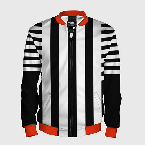 Мужской бомбер Черно белый узор в полоску / 3D-Красный – фото 1