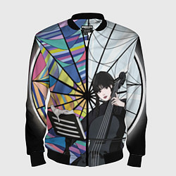 Мужской бомбер Уэнсдэй играет на виолончели на фоне окна