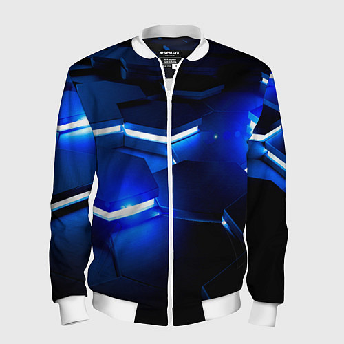 Мужской бомбер Металлические соты с синей подсветкой / 3D-Белый – фото 1