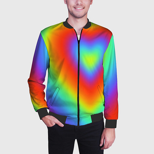 Мужской бомбер Сердце - радужный градиент / 3D-Черный – фото 3