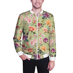 Бомбер мужской Акварельные цветы - паттерн зеленый, цвет: 3D-белый — фото 2