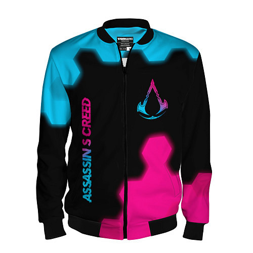 Мужской бомбер Assassins Creed - neon gradient: надпись, символ / 3D-Черный – фото 1