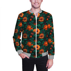 Бомбер мужской Оранжевые цветы и зеленые листья, цвет: 3D-меланж — фото 2