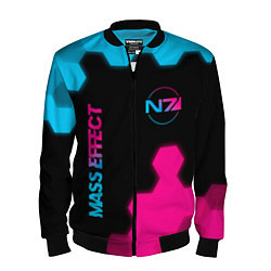 Бомбер мужской Mass Effect - neon gradient: надпись, символ, цвет: 3D-черный