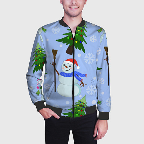 Мужской бомбер Снеговики с новогодними елками паттерн / 3D-Черный – фото 3