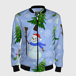 Мужской бомбер Снеговики с новогодними елками паттерн