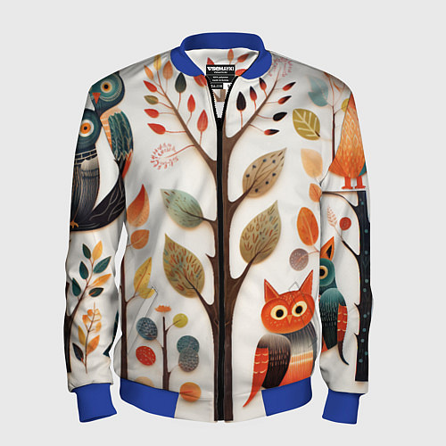 Мужской бомбер Совы в осеннем лесу в стиле фолк-арт / 3D-Синий – фото 1