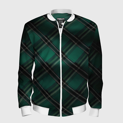 Мужской бомбер Тёмно-зелёная диагональная шотландская клетка / 3D-Белый – фото 1