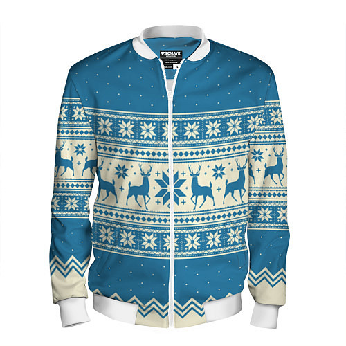 Мужской бомбер Sweater with deer on a blue background / 3D-Белый – фото 1