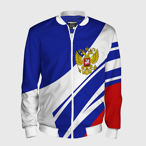 Мужской бомбер Герб России на абстрактных полосах / 3D-Белый – фото 1