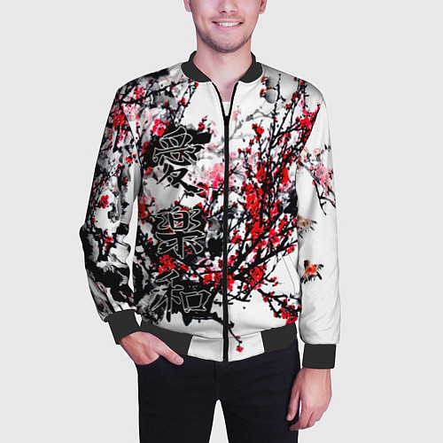 Мужской бомбер Японский стиль иероглифы / 3D-Черный – фото 3