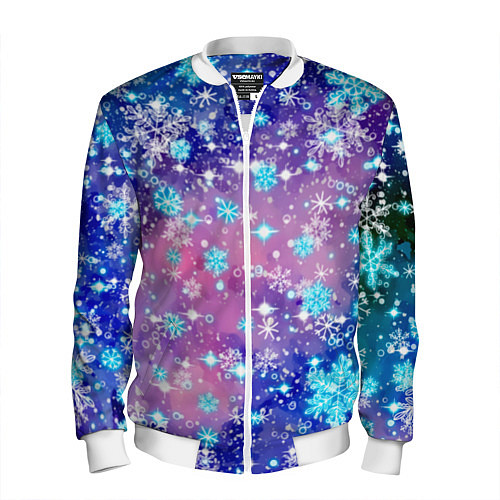 Мужской бомбер Снежинки - морозный паттерн / 3D-Белый – фото 1