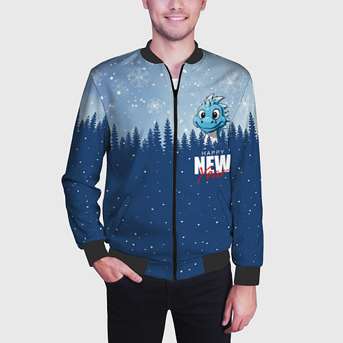 Мужской бомбер Дракон в зимнем лесу / 3D-Черный – фото 3