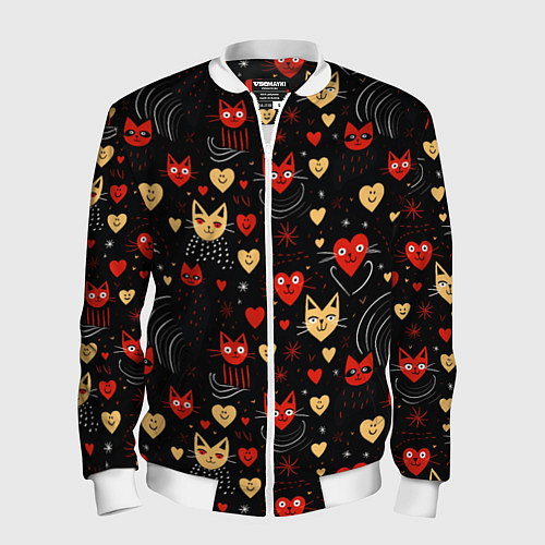 Мужской бомбер Паттерн с сердечками и котами валентинка / 3D-Белый – фото 1