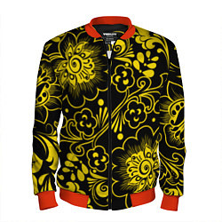 Бомбер мужской Хохломская роспись золотые цветы на чёроном фоне, цвет: 3D-красный
