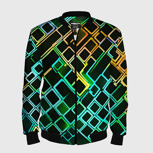 Мужской бомбер Жёлто-синие квадраты на чёрном фоне / 3D-Черный – фото 1