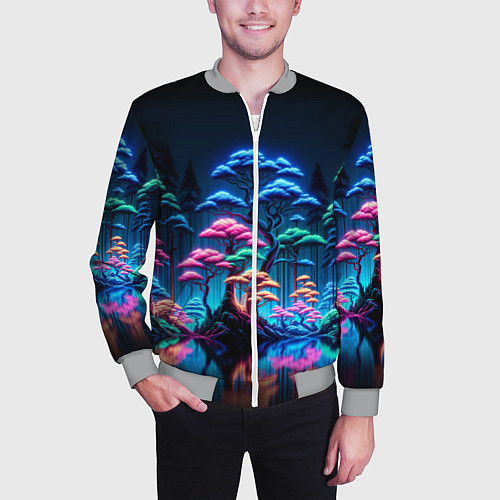 Мужской бомбер Неоновый лес - нейросеть / 3D-Меланж – фото 3