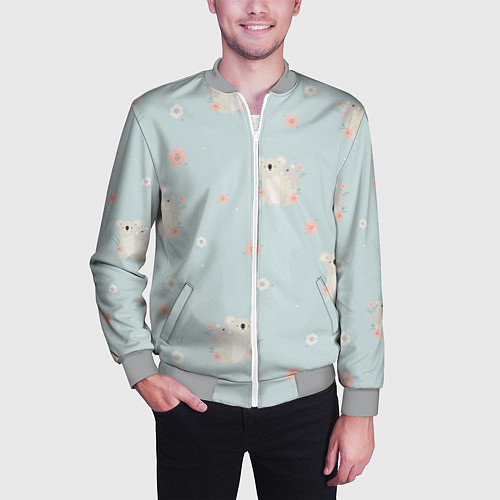 Мужской бомбер Коалы и цветы / 3D-Меланж – фото 3