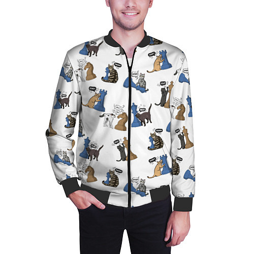 Мужской бомбер Котики и шахматы белый / 3D-Черный – фото 3