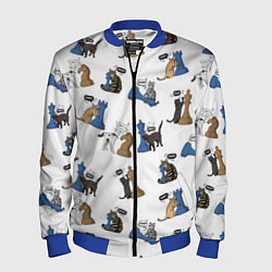 Бомбер мужской Котики и шахматы белый, цвет: 3D-синий