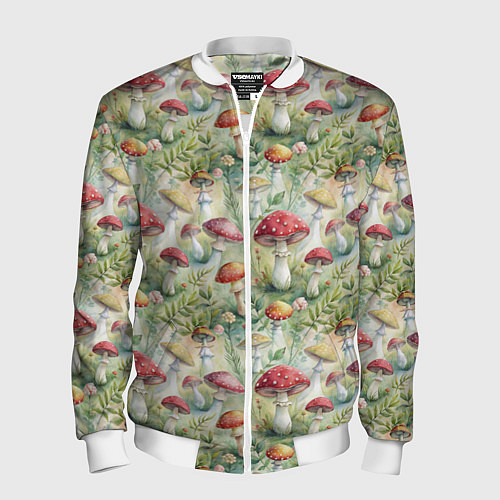 Мужской бомбер Дикие грибы лесные мухоморы / 3D-Белый – фото 1