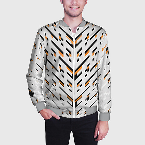 Мужской бомбер Чёрные и жёлтые полосы на белом фоне / 3D-Меланж – фото 3