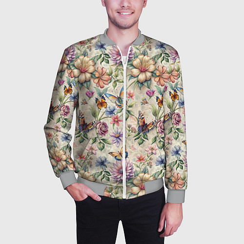 Мужской бомбер Летний узор с цветами и бабочками / 3D-Меланж – фото 3