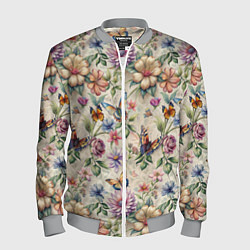 Мужской бомбер Летний узор с цветами и бабочками