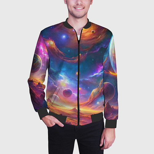 Мужской бомбер Космический пейзаж яркий с галактиками / 3D-Черный – фото 3