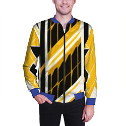 Бомбер мужской Бело-жёлтые линии на чёрном фоне, цвет: 3D-синий — фото 2