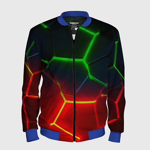 Мужской бомбер Зеленые и красные неоновые плиты в разломе / 3D-Синий – фото 1