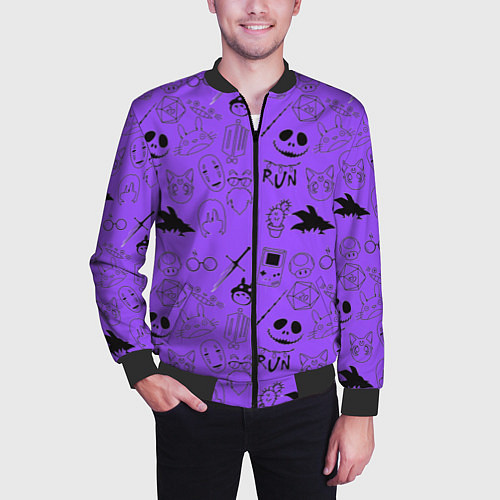 Мужской бомбер Хэллоуин узор на фиолетовом фоне / 3D-Черный – фото 3
