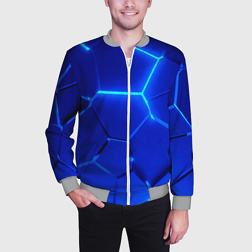 Мужской бомбер Яркие синие неоновые плиты в разломе / 3D-Меланж – фото 3