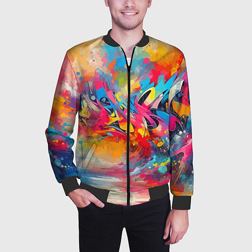 Мужской бомбер Красочная абстракция - импрессионизм / 3D-Черный – фото 3