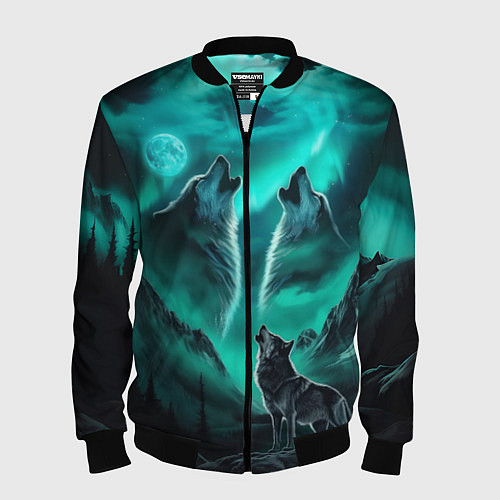 Мужской бомбер Волки воют на луну и северное сияние / 3D-Черный – фото 1