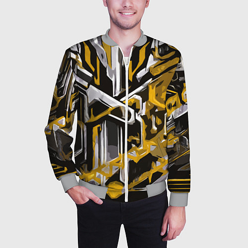 Мужской бомбер Жёлто-белая агрессивная абстракция на чёрном фоне / 3D-Меланж – фото 3