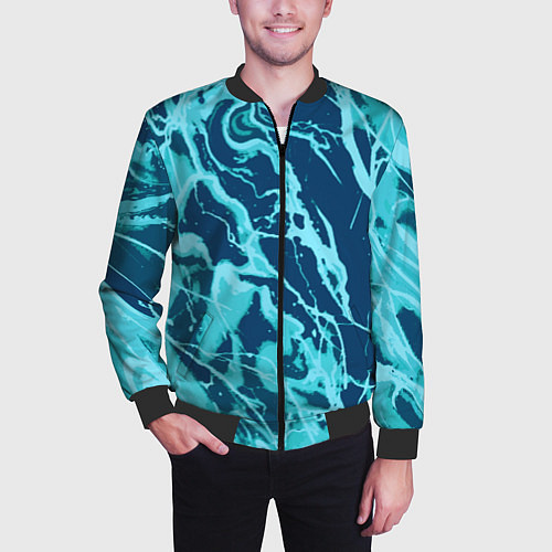 Мужской бомбер Морской сине-голубой абстракция / 3D-Черный – фото 3
