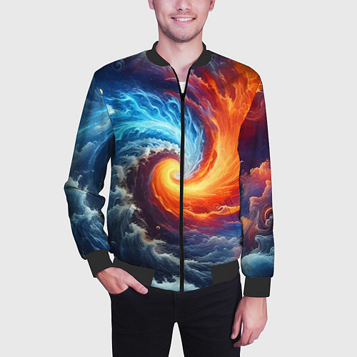 Мужской бомбер Столкновение двух стихий - инь янь / 3D-Черный – фото 3