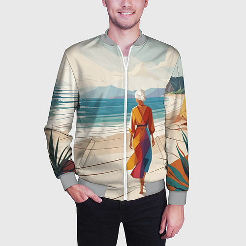 Мужской бомбер Летний пейзаж с женщиной на пляже / 3D-Меланж – фото 3
