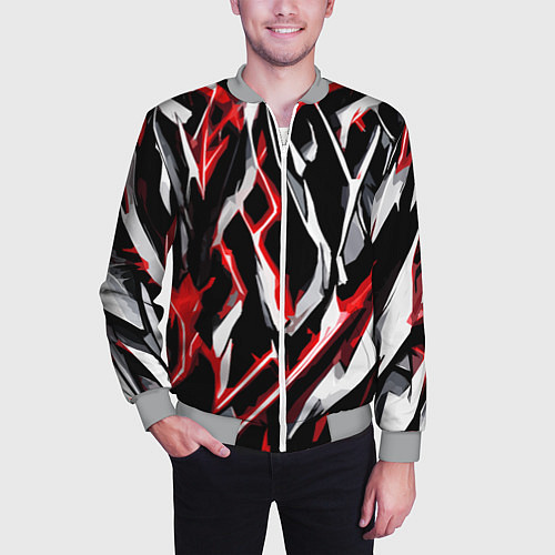 Мужской бомбер Красно-белые агрессивные полосы на чёрном фоне / 3D-Меланж – фото 3