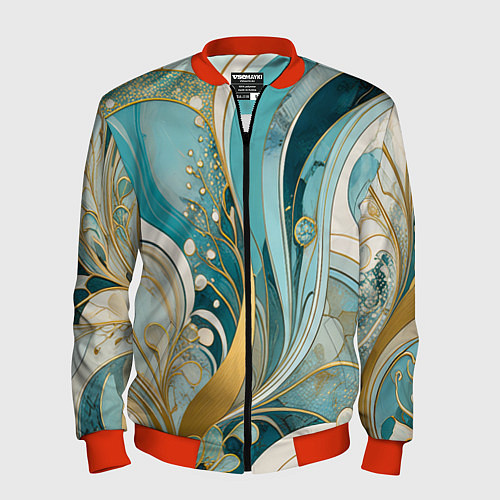 Мужской бомбер Бирюзовый с белым растительный узор в мягких тонах / 3D-Красный – фото 1