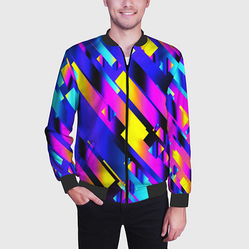 Мужской бомбер Неоновая геометрия плитка / 3D-Черный – фото 3
