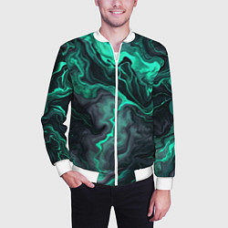 Бомбер мужской Бирюзовый мрамор на черном фоне, цвет: 3D-белый — фото 2