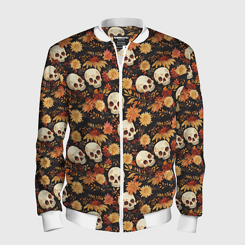 Мужской бомбер Черепа и цветы - паттерн / 3D-Белый – фото 1