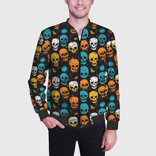 Мужской бомбер Паттерн с черепами - грифика / 3D-Черный – фото 3